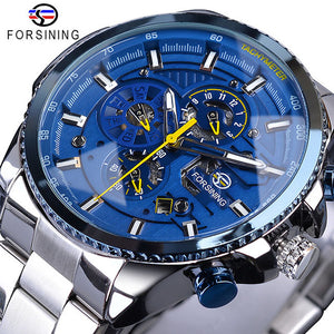 Forsining Three Dial Calendar Stainless Steel Men Mechanical Automatic Wrist Watches Top Brand Luxury Military Sport Male Clock