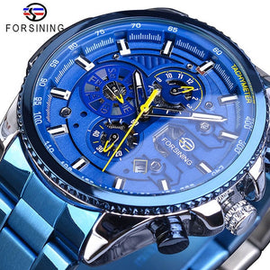 Forsining Three Dial Calendar Stainless Steel Men Mechanical Automatic Wrist Watches Top Brand Luxury Military Sport Male Clock