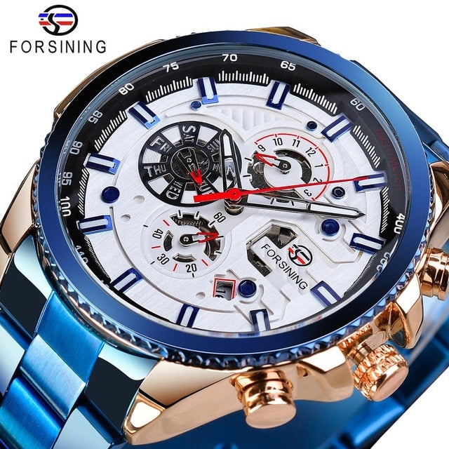 Forsining Three Dial Calendar Stainless Steel Men Mechanical Automatic Wrist Watches Top Brand Luxury Military Sport Male Clock