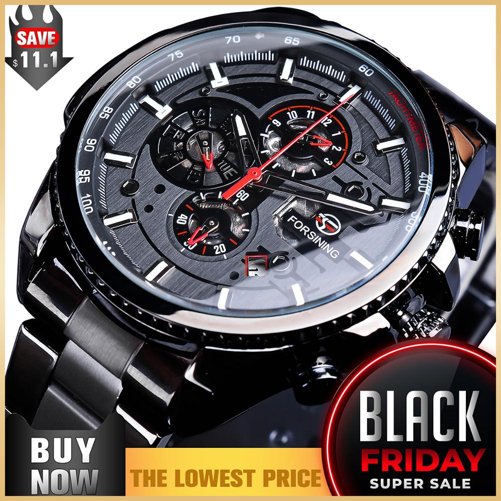 Forsining Three Dial Calendar Stainless Steel Men Mechanical Automatic Wrist Watches Top Brand Luxury Military Sport Male Clock